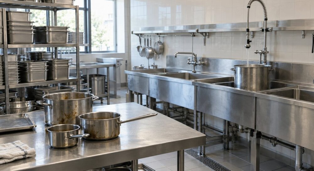 Моечная кухонной посуды с ваннами, столом для грязной посуды и стеллажом, ФудТрейд